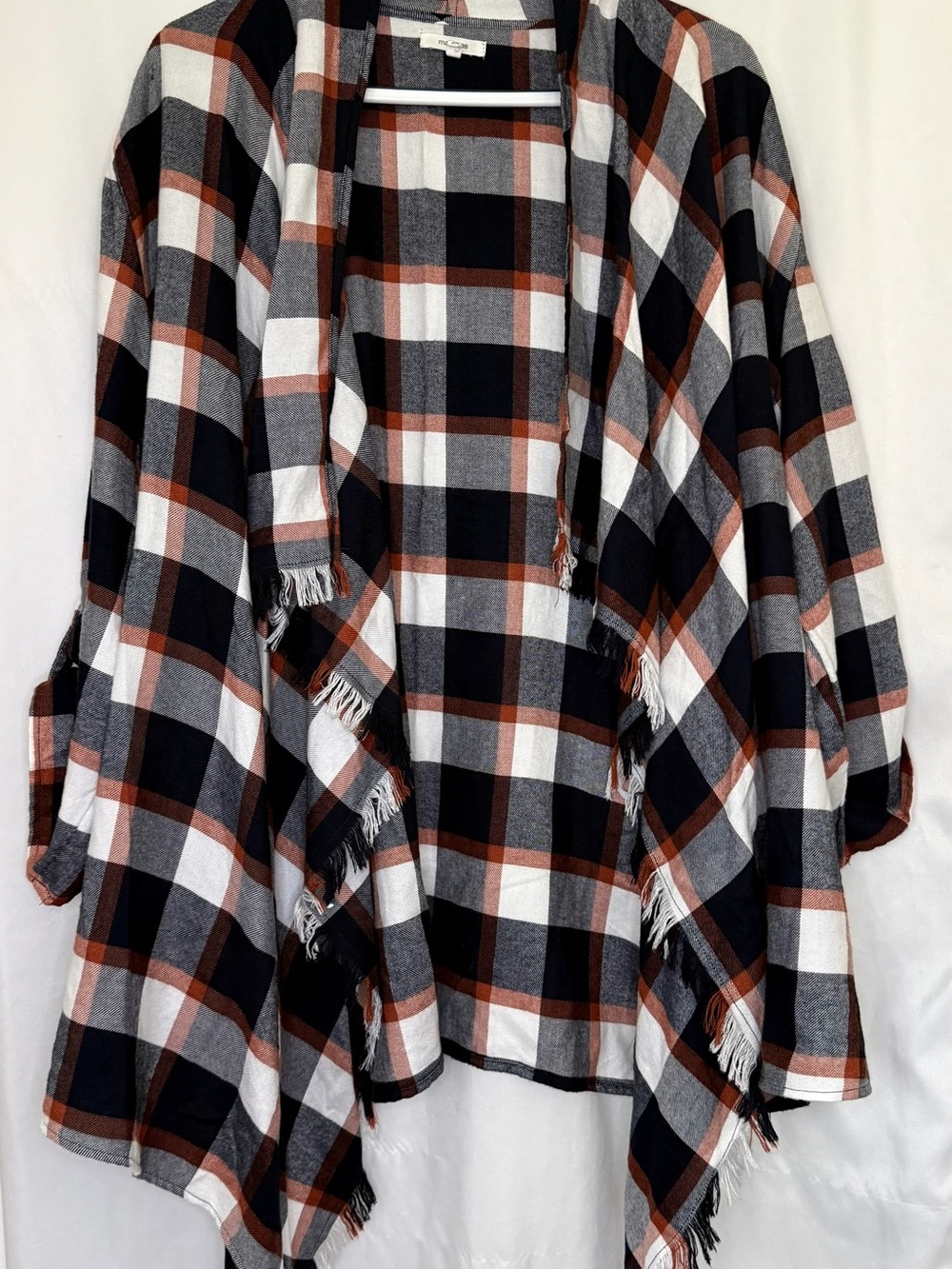 Maurices Navy Blue, White & Rust Plaid Open-Front Fringe Cardigan